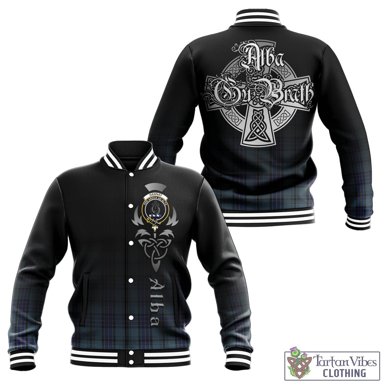 Tartan Vibes Clothing Hannay Blue Tartan Baseball Jacket Featuring Alba Gu Brath Family Crest Celtic Inspired