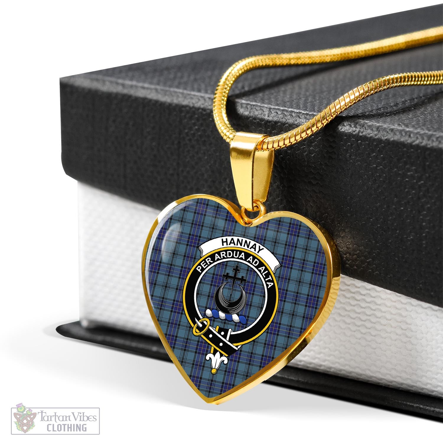 Tartan Vibes Clothing Hannay Blue Tartan Heart Necklace with Family Crest