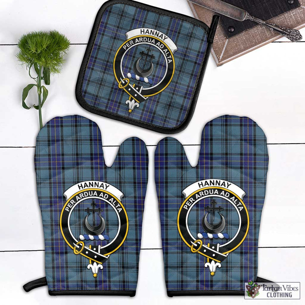 Hannay Blue Tartan Combo Oven Mitt & Pot-Holder with Family Crest Combo 1 Oven Mitt & 1 Pot-Holder Black - Tartan Vibes Clothing