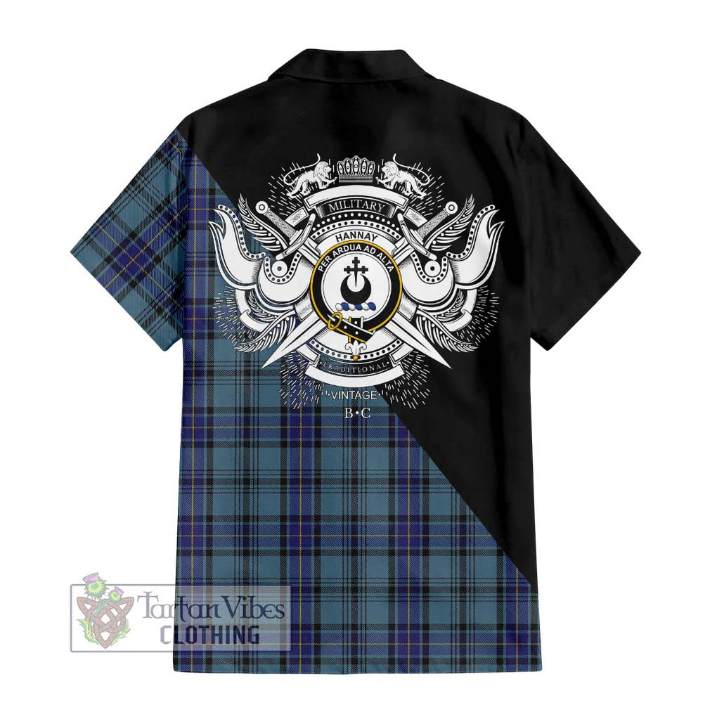 Hannay Blue Tartan Short Sleeve Button Shirt with Family Crest and Military Logo Style - Tartanvibesclothing Shop