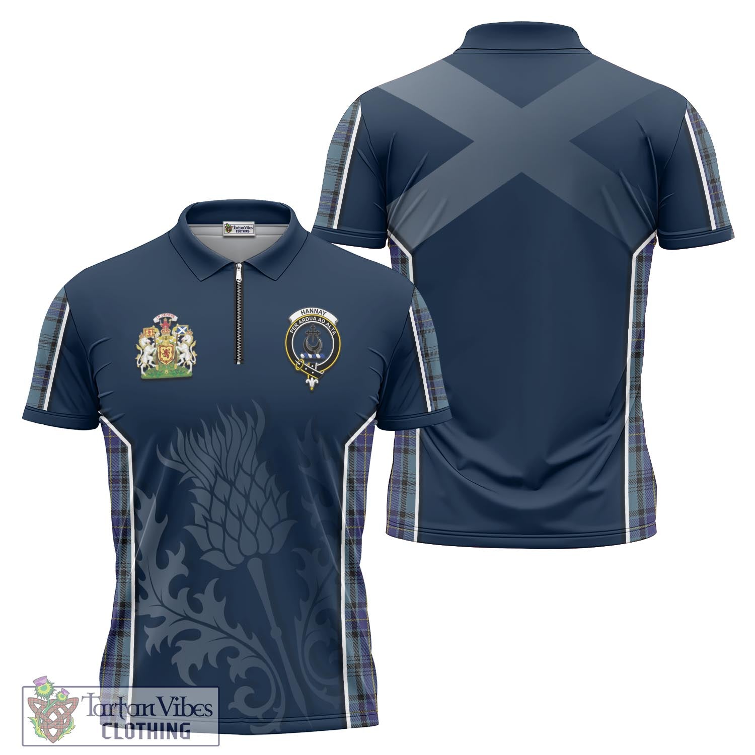 Tartan Vibes Clothing Hannay Blue Tartan Zipper Polo Shirt with Family Crest and Scottish Thistle Vibes Sport Style