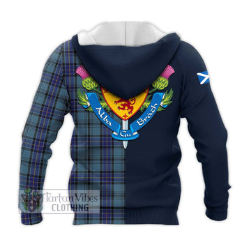 Hannay Blue Tartan Knitted Hoodie Alba with Scottish Lion Royal Arm Half Style