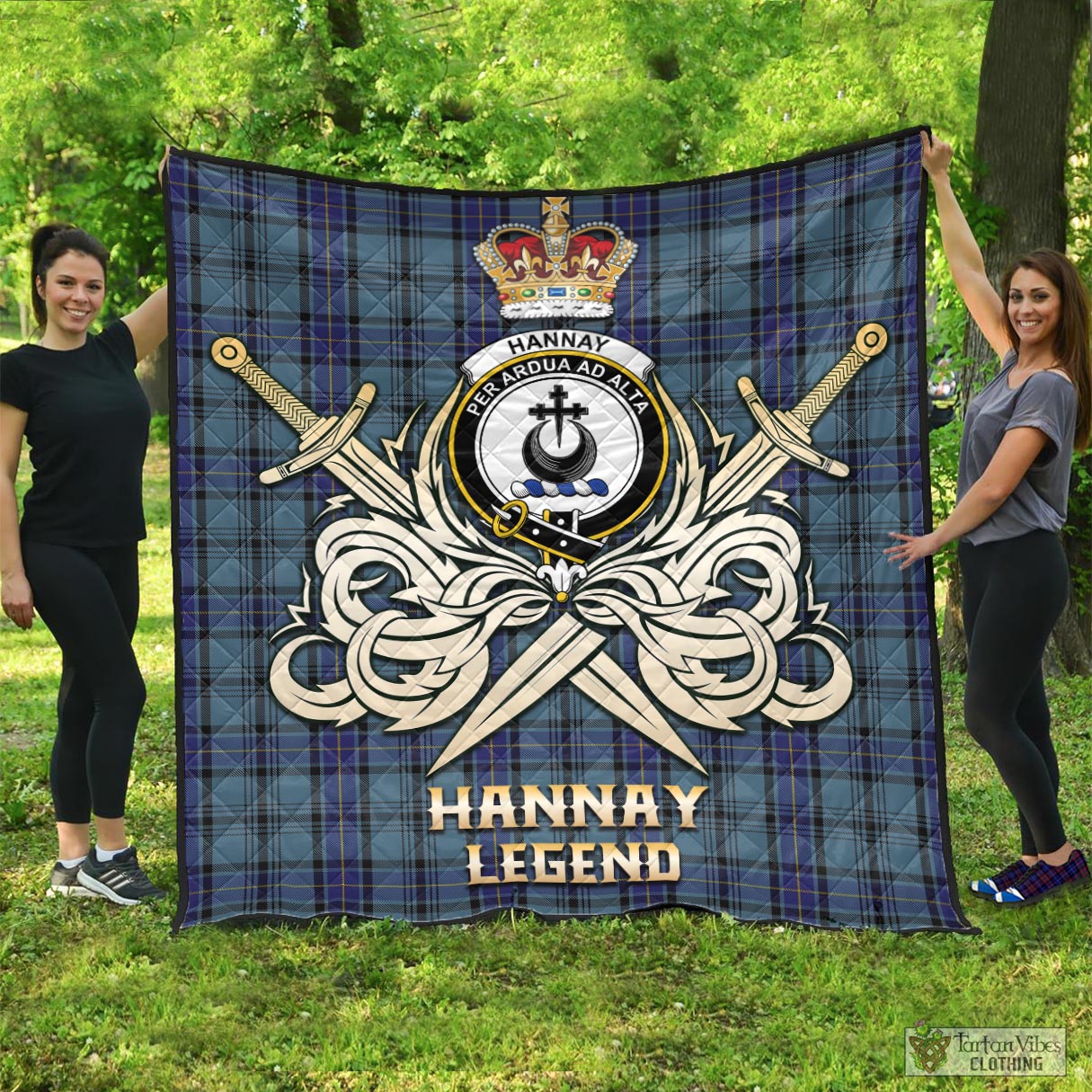 Tartan Vibes Clothing Hannay Blue Tartan Quilt with Clan Crest and the Golden Sword of Courageous Legacy