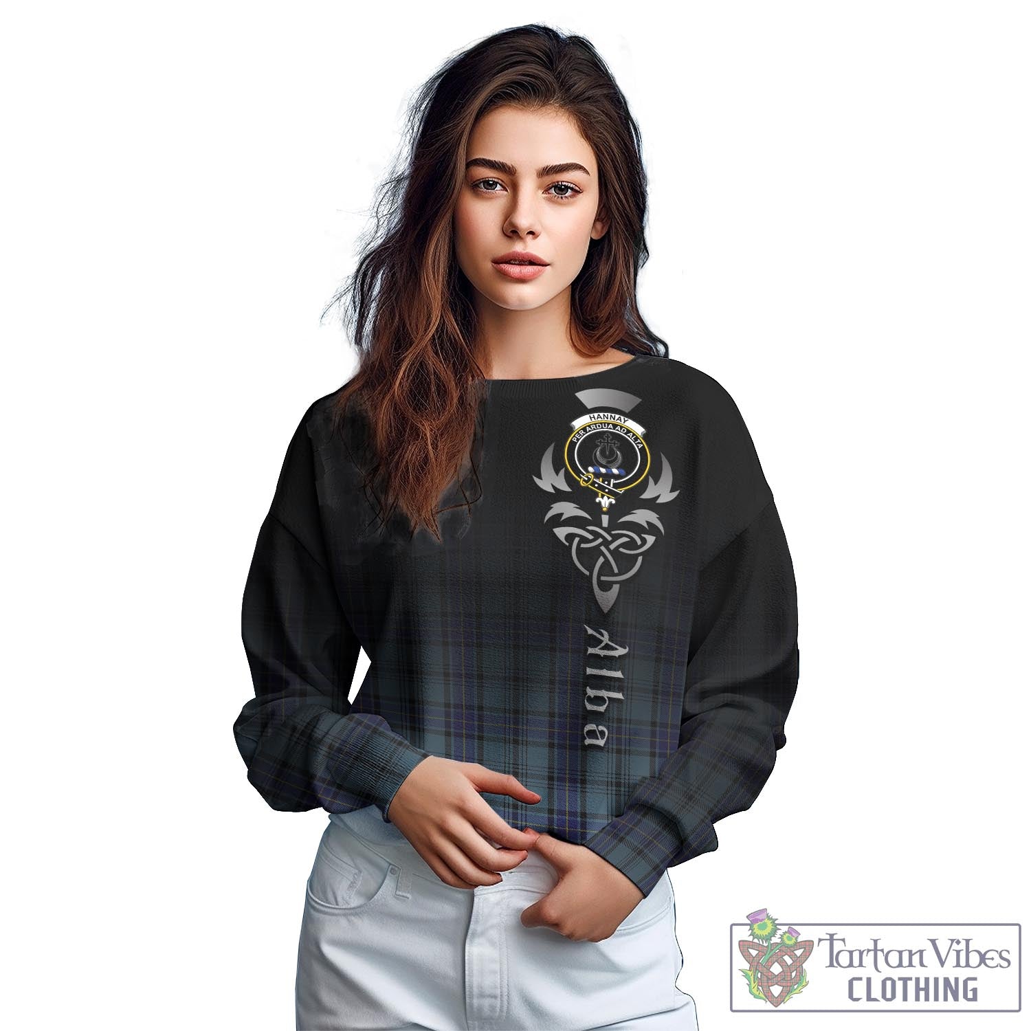 Tartan Vibes Clothing Hannay Blue Tartan Sweatshirt Featuring Alba Gu Brath Family Crest Celtic Inspired