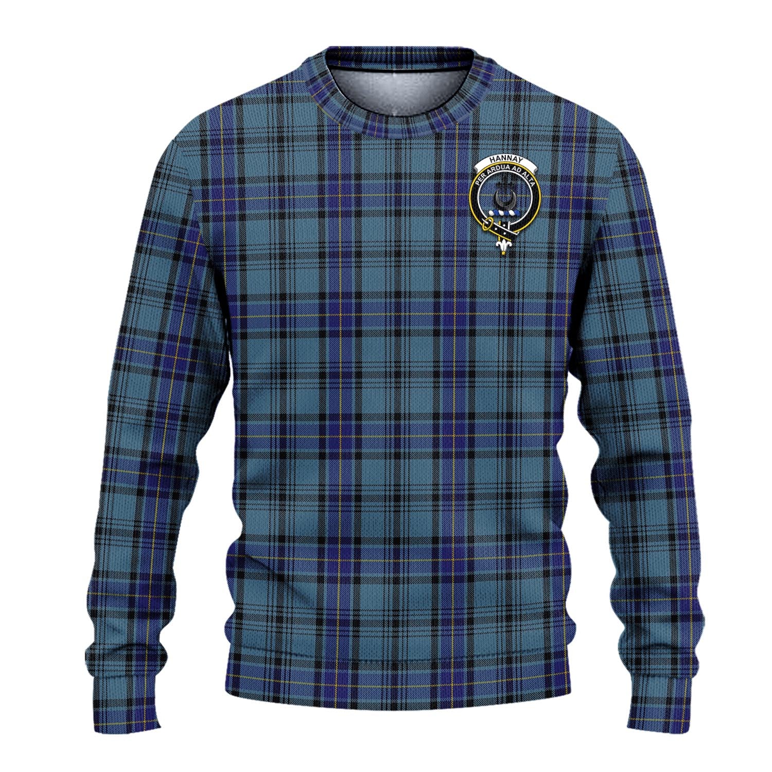 Hannay Blue Tartan Knitted Sweater with Family Crest - Tartanvibesclothing