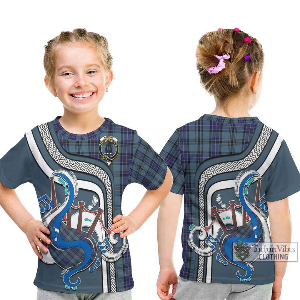 Tartan Vibes Clothing Hannay Blue Tartan Kid T-Shirt with Epic Bagpipe Style