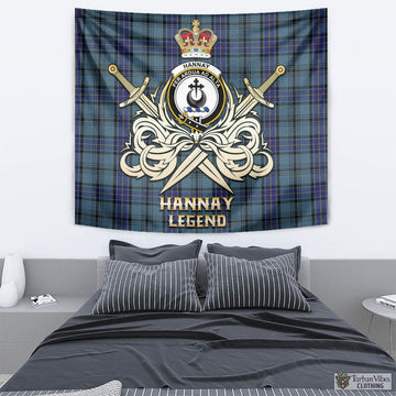 Hannay Blue Tartan Tapestry with Clan Crest and the Golden Sword of Courageous Legacy