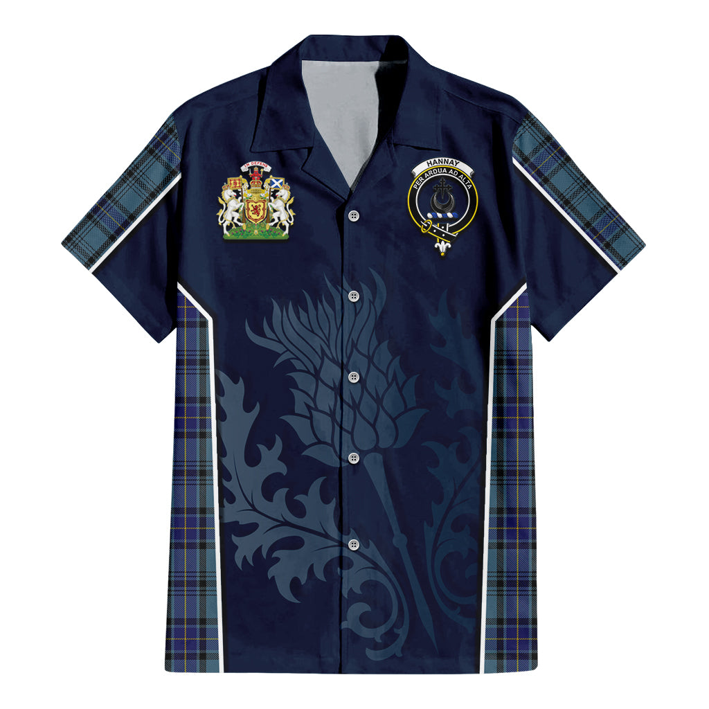 Tartan Vibes Clothing Hannay Blue Tartan Short Sleeve Button Up Shirt with Family Crest and Scottish Thistle Vibes Sport Style