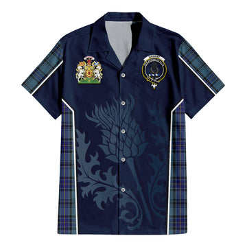 Hannay Blue Tartan Short Sleeve Button Up Shirt with Family Crest and Scottish Thistle Vibes Sport Style