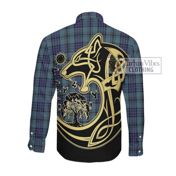 Hannay Blue Tartan Long Sleeve Button Shirt with Family Crest Celtic Wolf Style