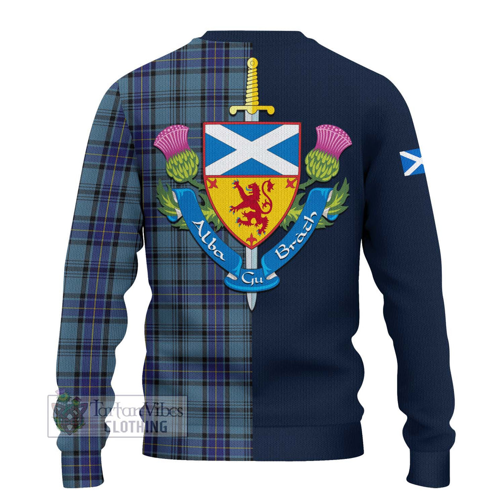 Tartan Vibes Clothing Hannay Blue Tartan Knitted Sweater with Scottish Lion Royal Arm Half Style