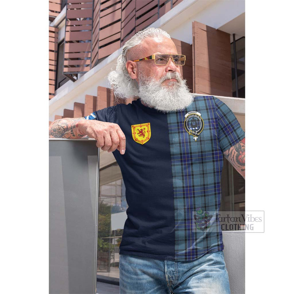 Tartan Vibes Clothing Hannay Blue Tartan Cotton T-shirt with Scottish Lion Royal Arm Half Style