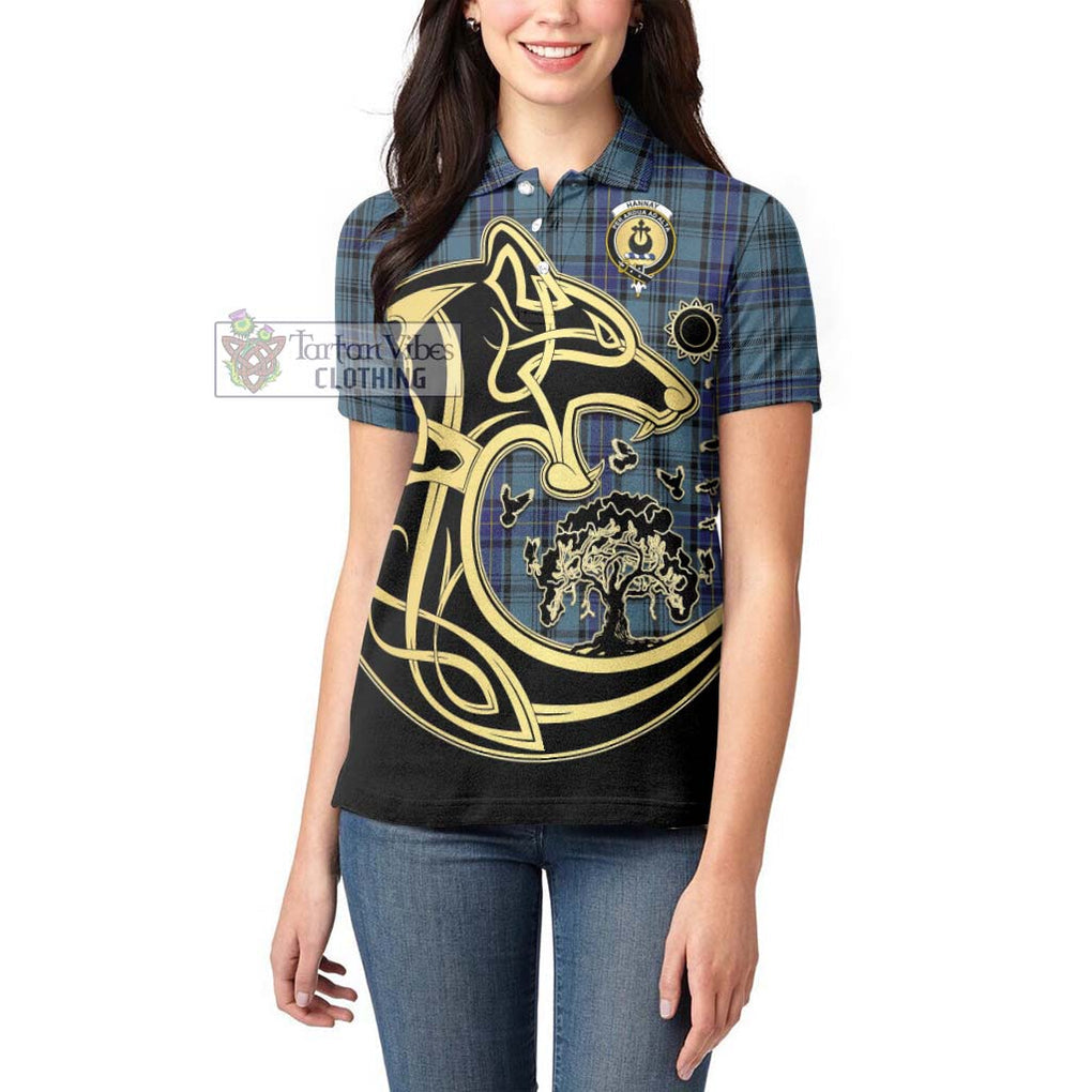 Hannay Blue Tartan Women's Polo Shirt with Family Crest Celtic Wolf Style - Tartanvibesclothing Shop