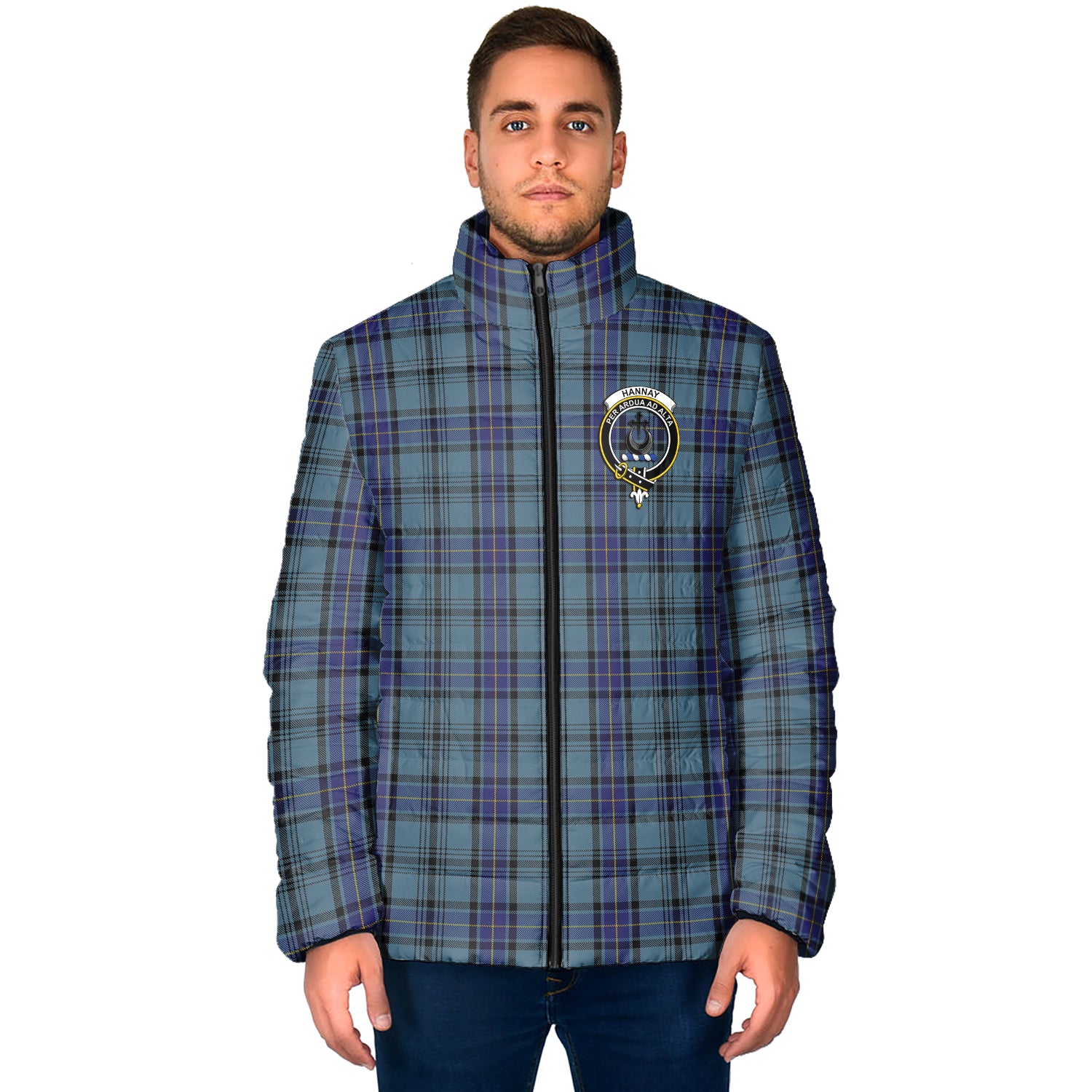 Hannay Blue Tartan Padded Jacket with Family Crest - Tartan Vibes Clothing