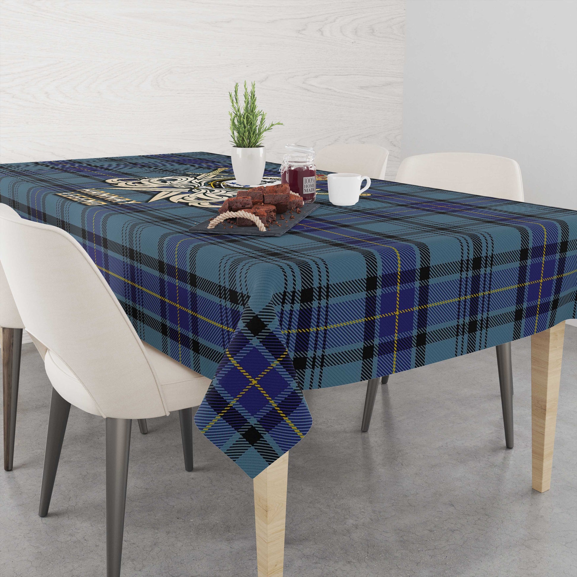 Tartan Vibes Clothing Hannay Blue Tartan Tablecloth with Clan Crest and the Golden Sword of Courageous Legacy