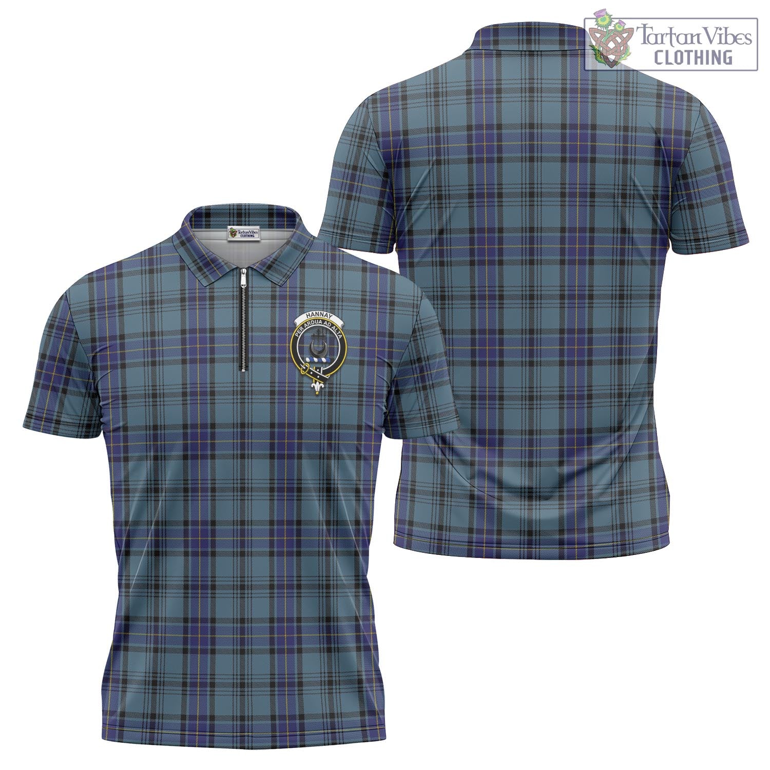 Tartan Vibes Clothing Hannay Blue Tartan Zipper Polo Shirt with Family Crest