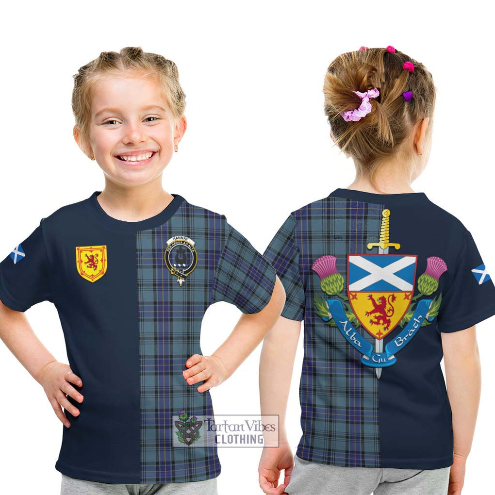 Tartan Vibes Clothing Hannay Blue Tartan Kid T-Shirt with Scottish Lion Royal Arm Half Style