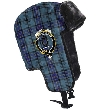 Hannay Blue Tartan Winter Trapper Hat with Family Crest