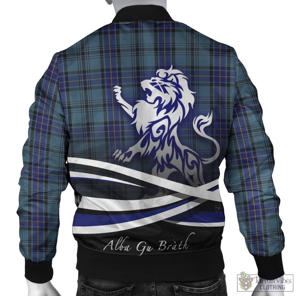 Tartan Vibes Clothing Hannay Blue Tartan Bomber Jacket with Alba Gu Brath Regal Lion Emblem