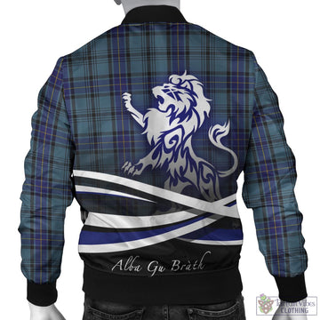 Hannay Blue Tartan Bomber Jacket with Alba Gu Brath Regal Lion Emblem