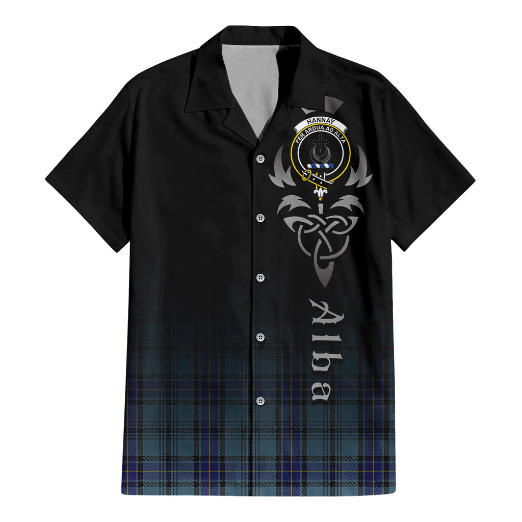 Tartan Vibes Clothing Hannay Blue Tartan Short Sleeve Button Up Featuring Alba Gu Brath Family Crest Celtic Inspired