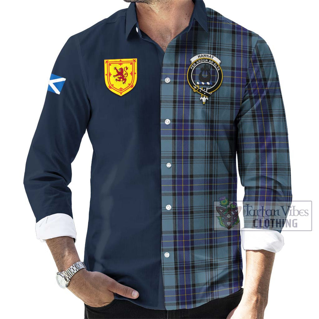 Tartan Vibes Clothing Hannay Blue Tartan Long Sleeve Button Shirt with Scottish Lion Royal Arm Half Style