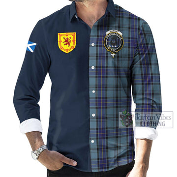 Hannay Blue Tartan Long Sleeve Button Shirt Alba with Scottish Lion Royal Arm Half Style