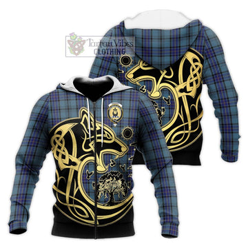 Hannay Blue Tartan Knitted Hoodie with Family Crest Celtic Wolf Style