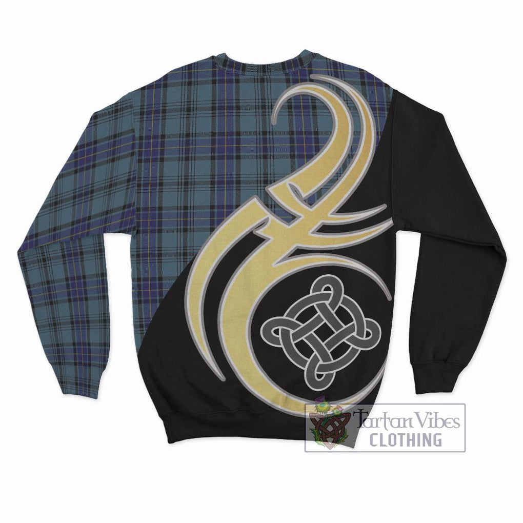 Hannay Blue Tartan Sweatshirt with Family Crest and Celtic Symbol Style - Tartan Vibes Clothing