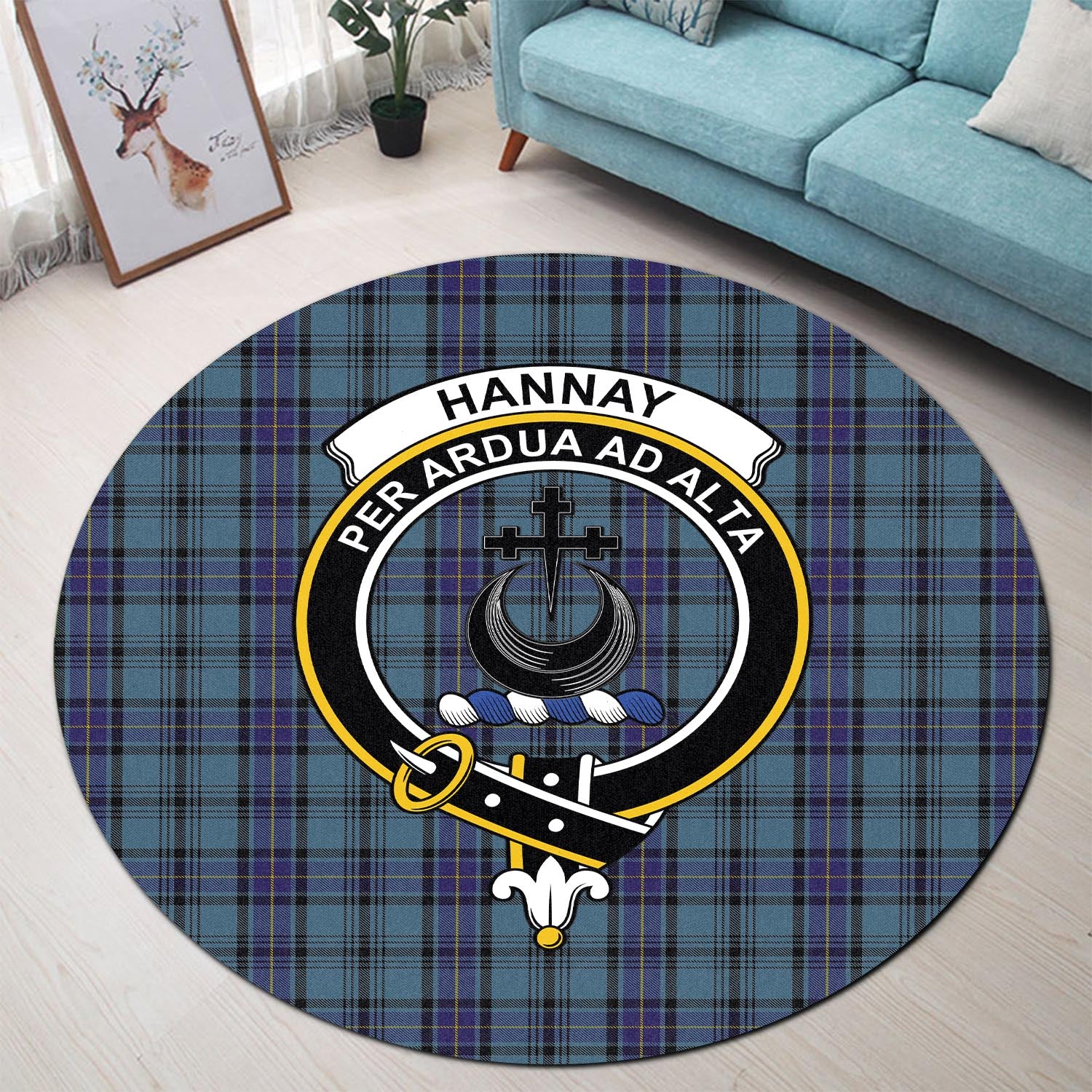 hannay-blue-tartan-round-rug-with-family-crest