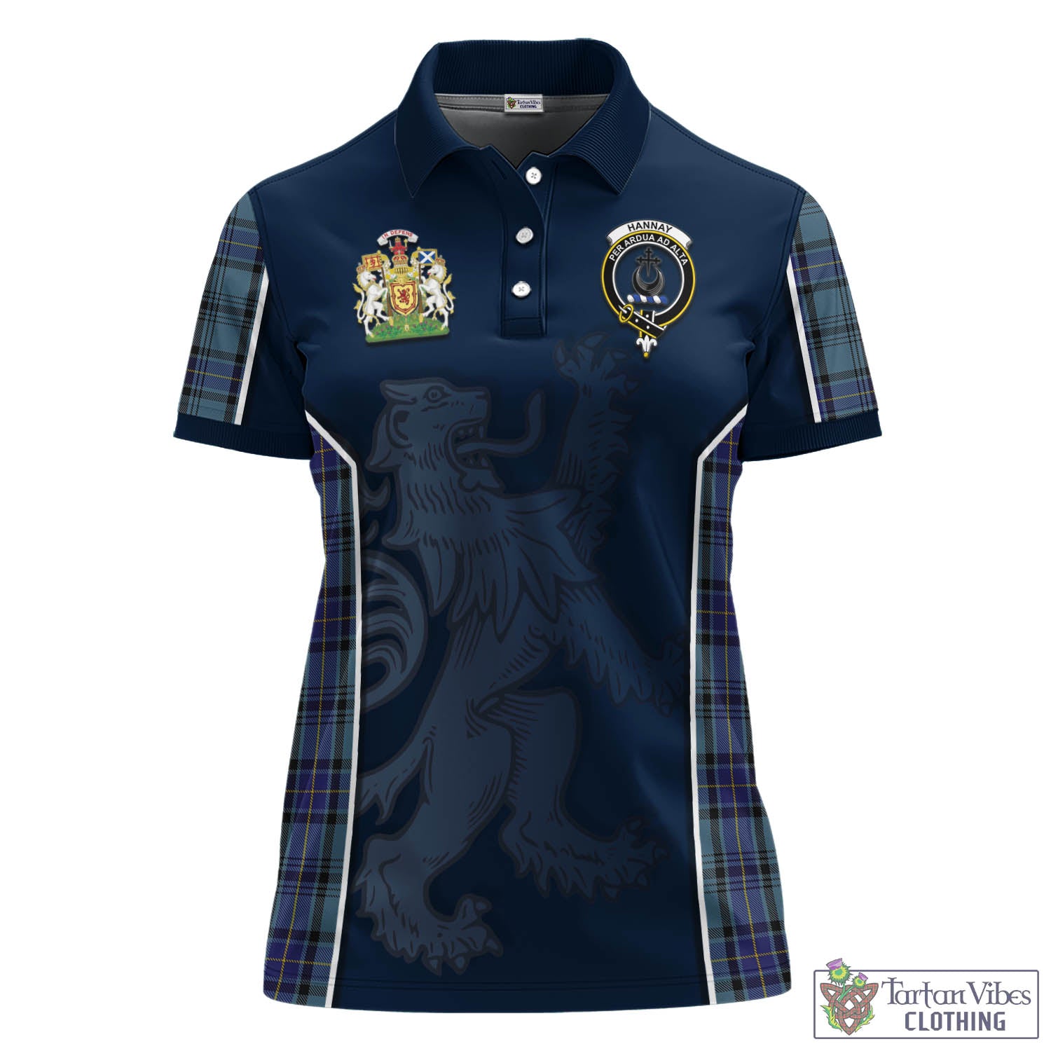 Hannay Blue Tartan Women's Polo Shirt with Family Crest and Lion Rampant Vibes Sport Style - Tartan Vibes Clothing