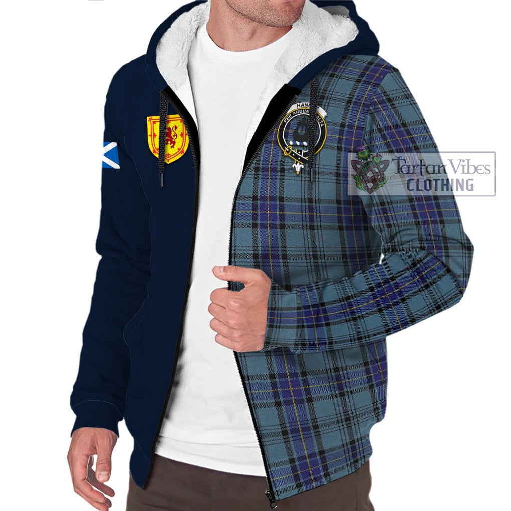 Tartan Vibes Clothing Hannay Blue Tartan Sherpa Hoodie with Scottish Lion Royal Arm Half Style