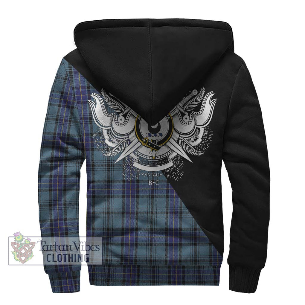 Hannay Blue Tartan Sherpa Hoodie with Family Crest and Military Logo Style - Tartanvibesclothing Shop