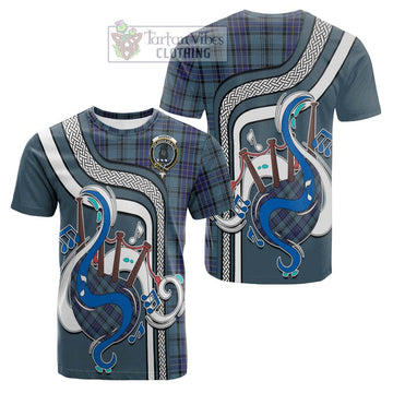 Hannay Blue Tartan Cotton T-shirt with Epic Bagpipe Style