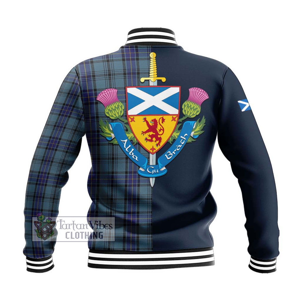 Tartan Vibes Clothing Hannay Blue Tartan Baseball Jacket with Scottish Lion Royal Arm Half Style