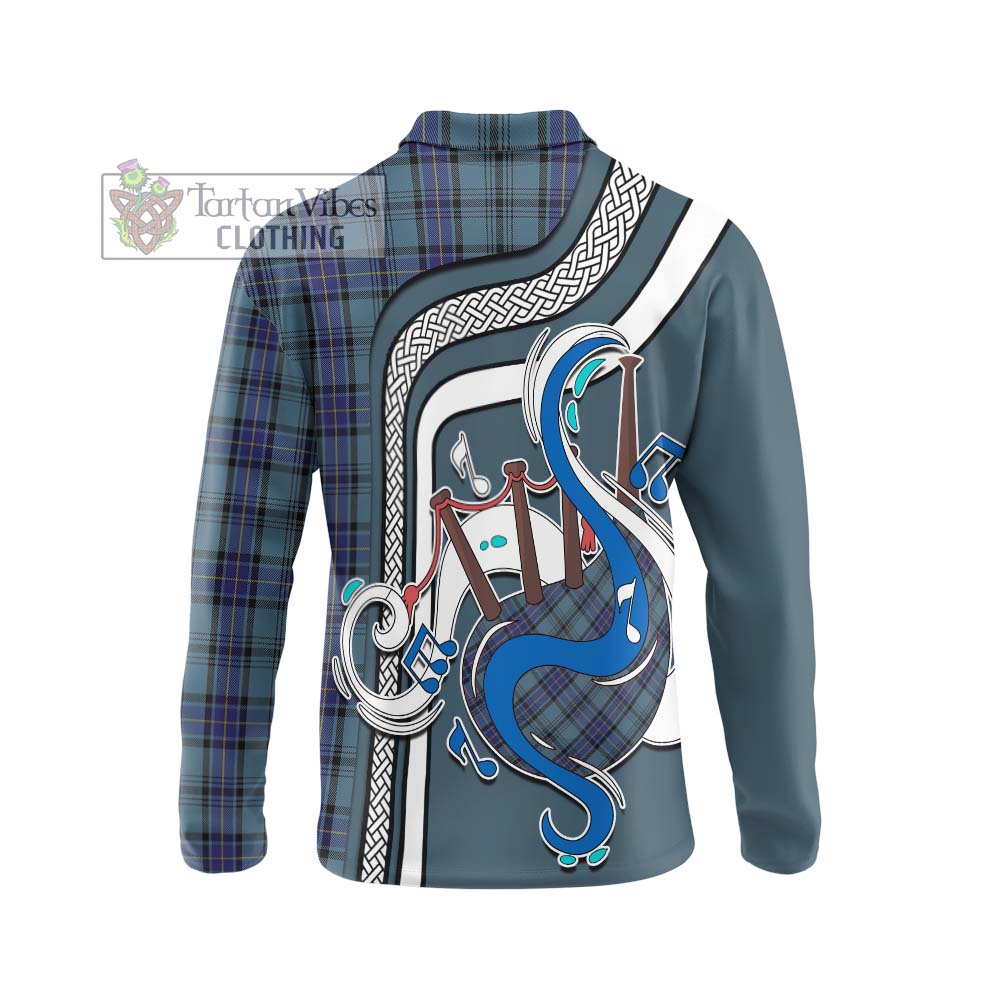 Tartan Vibes Clothing Hannay Blue Tartan Long Sleeve Polo Shirt with Epic Bagpipe Style