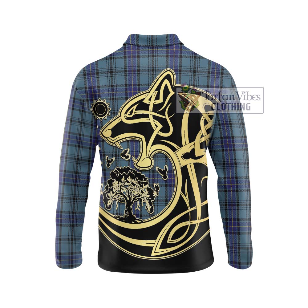 Hannay Blue Tartan Long Sleeve Polo Shirt with Family Crest Celtic Wolf Style - Tartanvibesclothing Shop