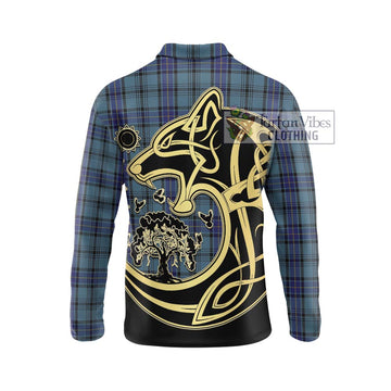 Hannay Blue Tartan Long Sleeve Polo Shirt with Family Crest Celtic Wolf Style