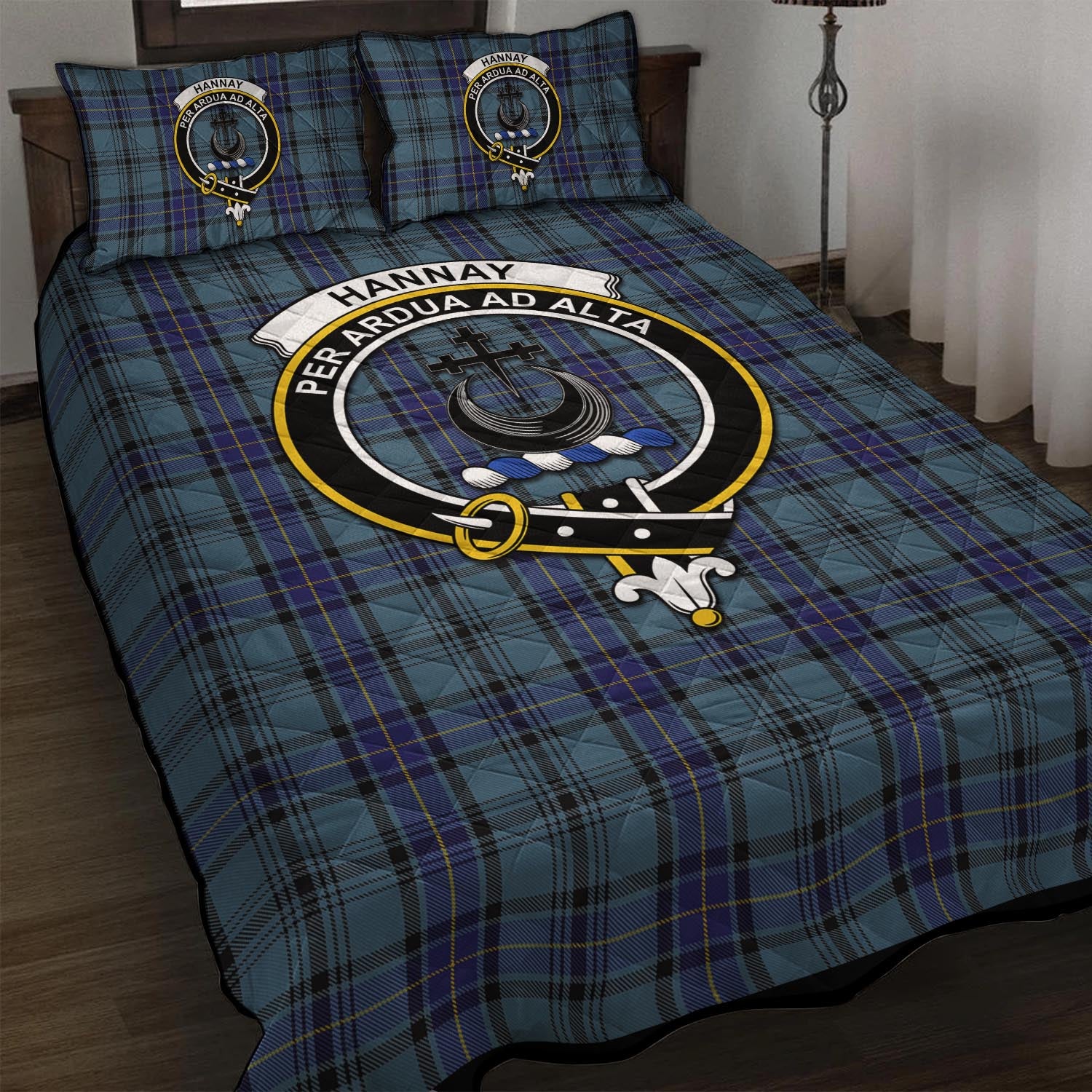 Hannay Blue Tartan Quilt Bed Set with Family Crest - Tartan Vibes Clothing