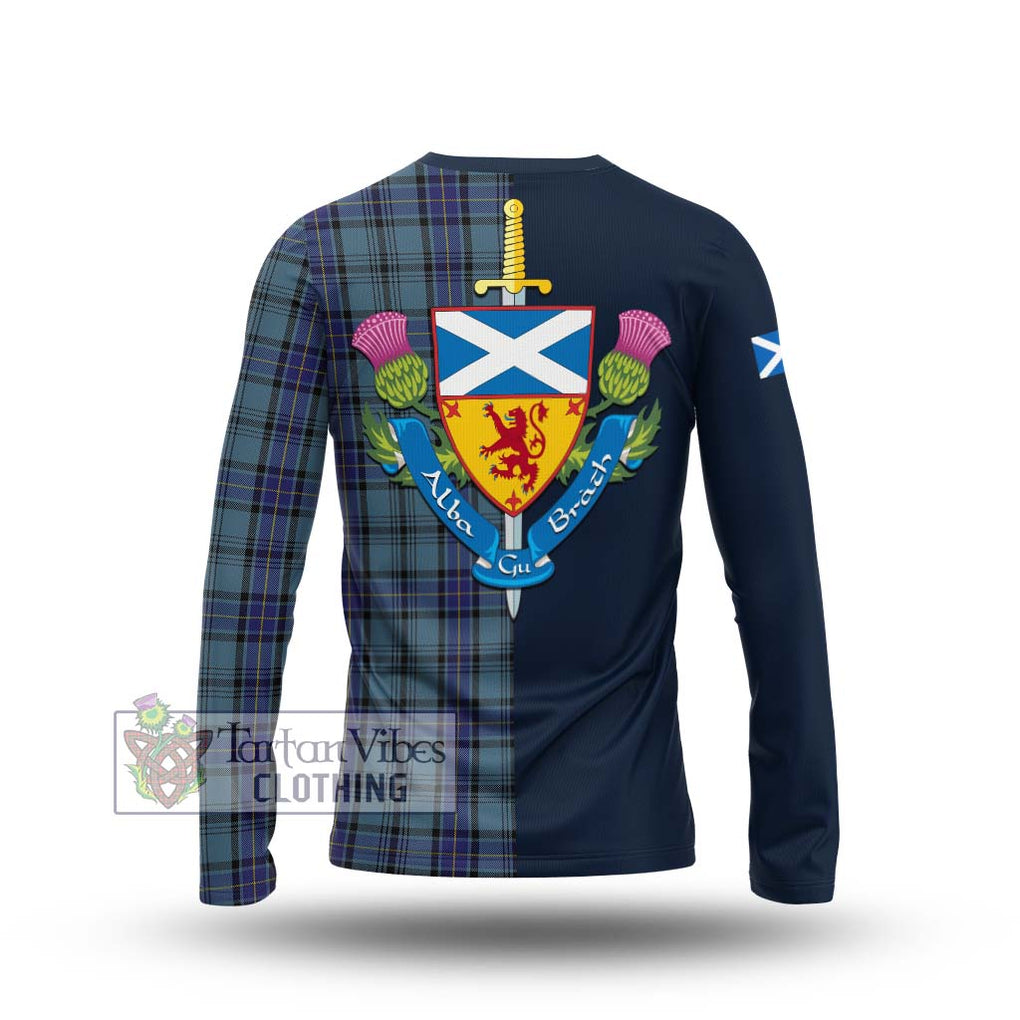 Tartan Vibes Clothing Hannay Blue Tartan Long Sleeve T-Shirt with Scottish Lion Royal Arm Half Style