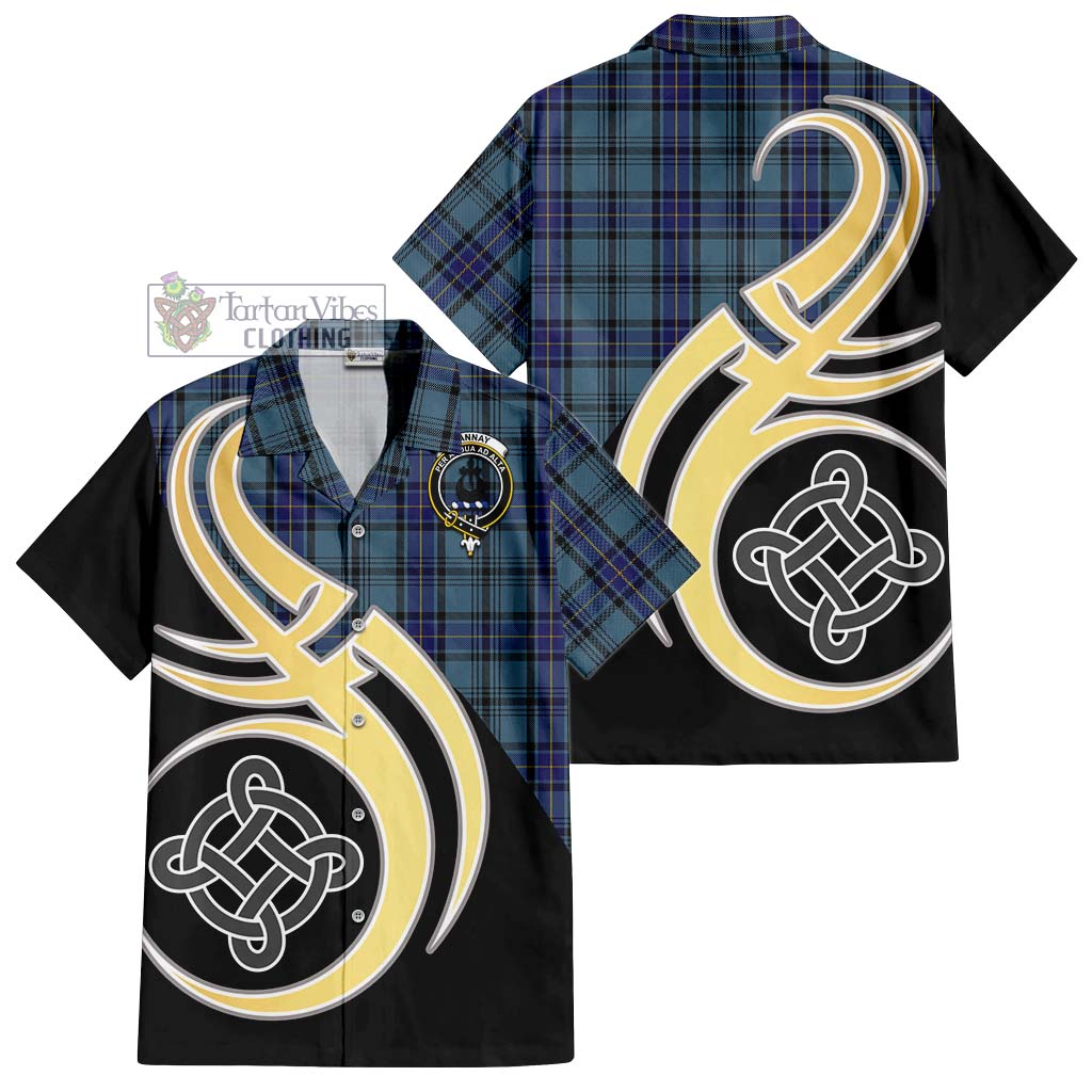 Hannay Blue Tartan Short Sleeve Button Shirt with Family Crest and Celtic Symbol Style - Tartan Vibes Clothing