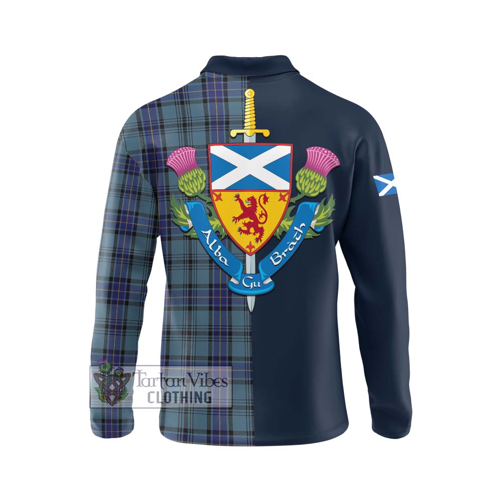 Tartan Vibes Clothing Hannay Blue Tartan Long Sleeve Polo Shirt with Scottish Lion Royal Arm Half Style