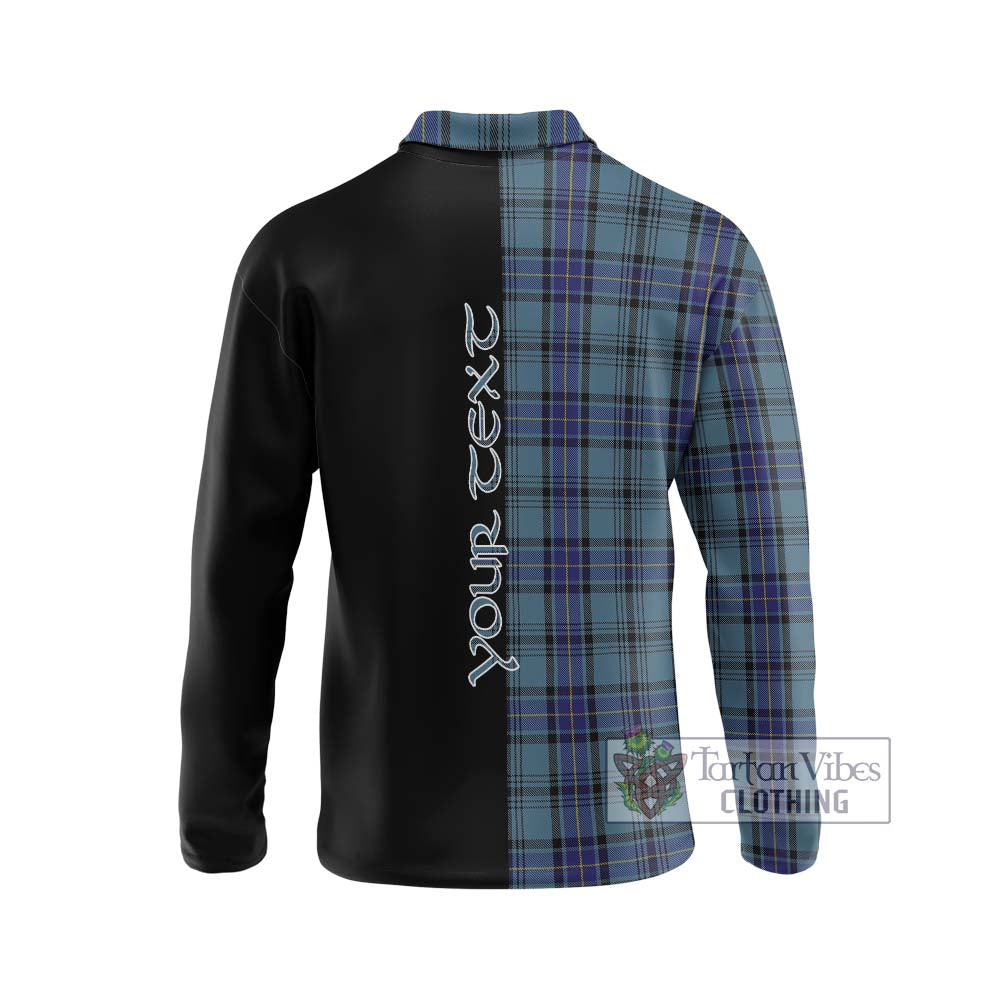 Hannay Blue Tartan Long Sleeve Polo Shirt with Family Crest and Half Of Me Style - Tartanvibesclothing Shop