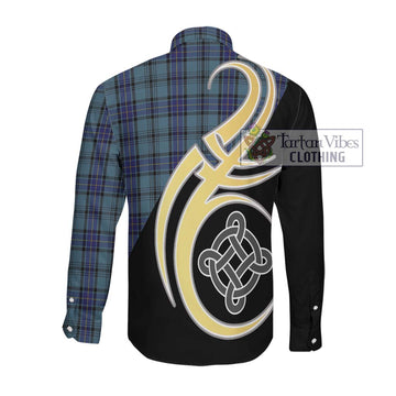 Hannay Blue Tartan Long Sleeve Button Shirt with Family Crest and Celtic Symbol Style