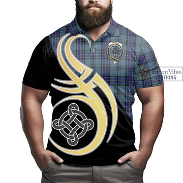 Hannay Blue Tartan Polo Shirt with Family Crest and Celtic Symbol Style