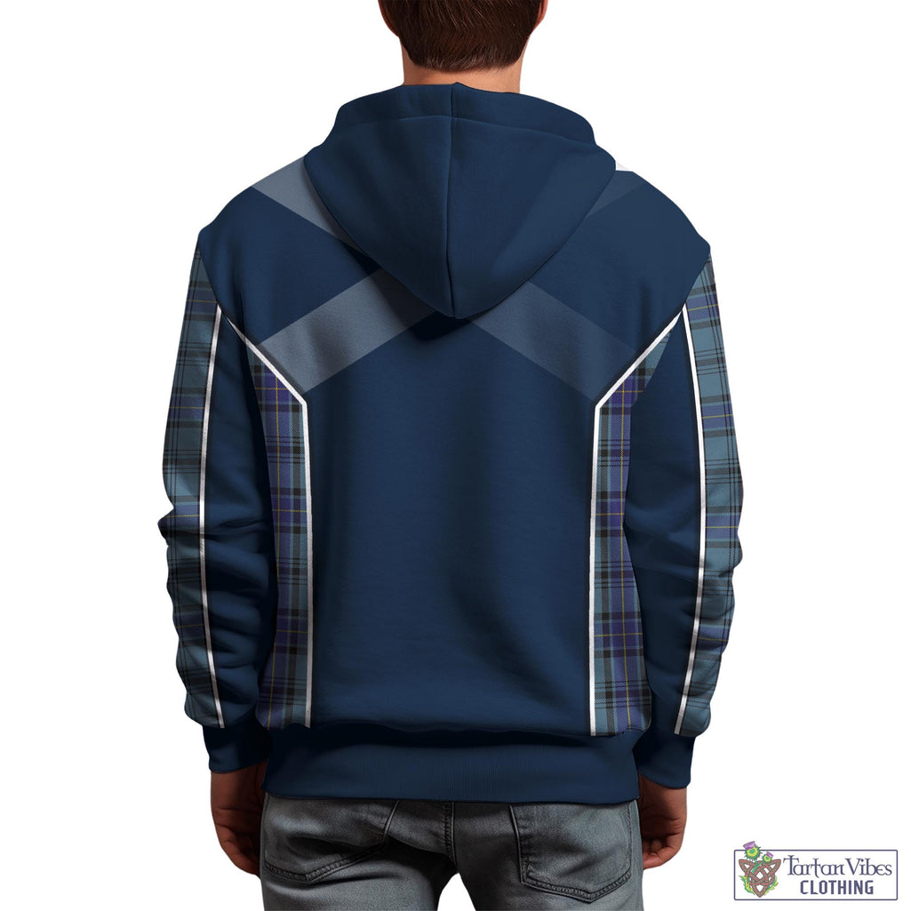 Tartan Vibes Clothing Hannay Blue Tartan Hoodie with Family Crest and Scottish Thistle Vibes Sport Style