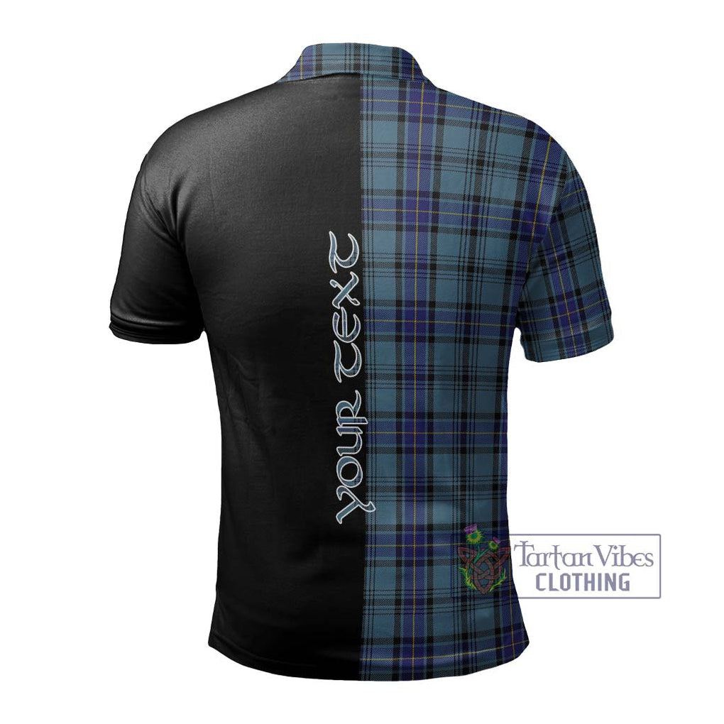 Hannay Blue Tartan Polo Shirt with Family Crest and Half Of Me Style - Tartanvibesclothing Shop