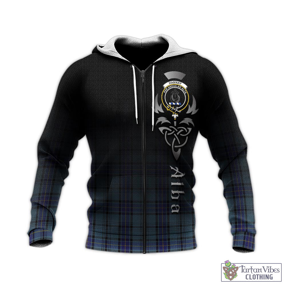 Tartan Vibes Clothing Hannay Blue Tartan Knitted Hoodie Featuring Alba Gu Brath Family Crest Celtic Inspired