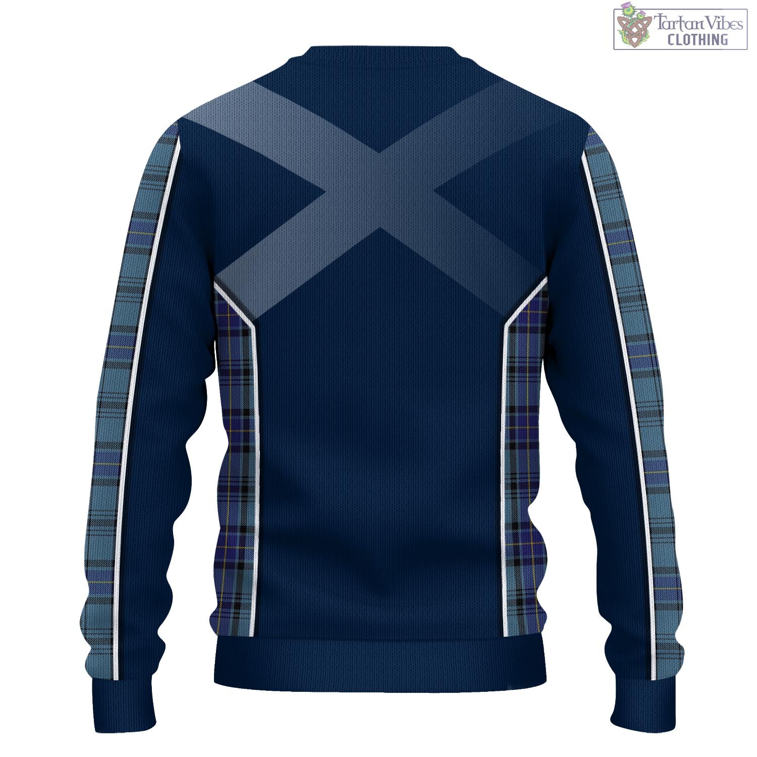 Tartan Vibes Clothing Hannay Blue Tartan Knitted Sweatshirt with Family Crest and Scottish Thistle Vibes Sport Style