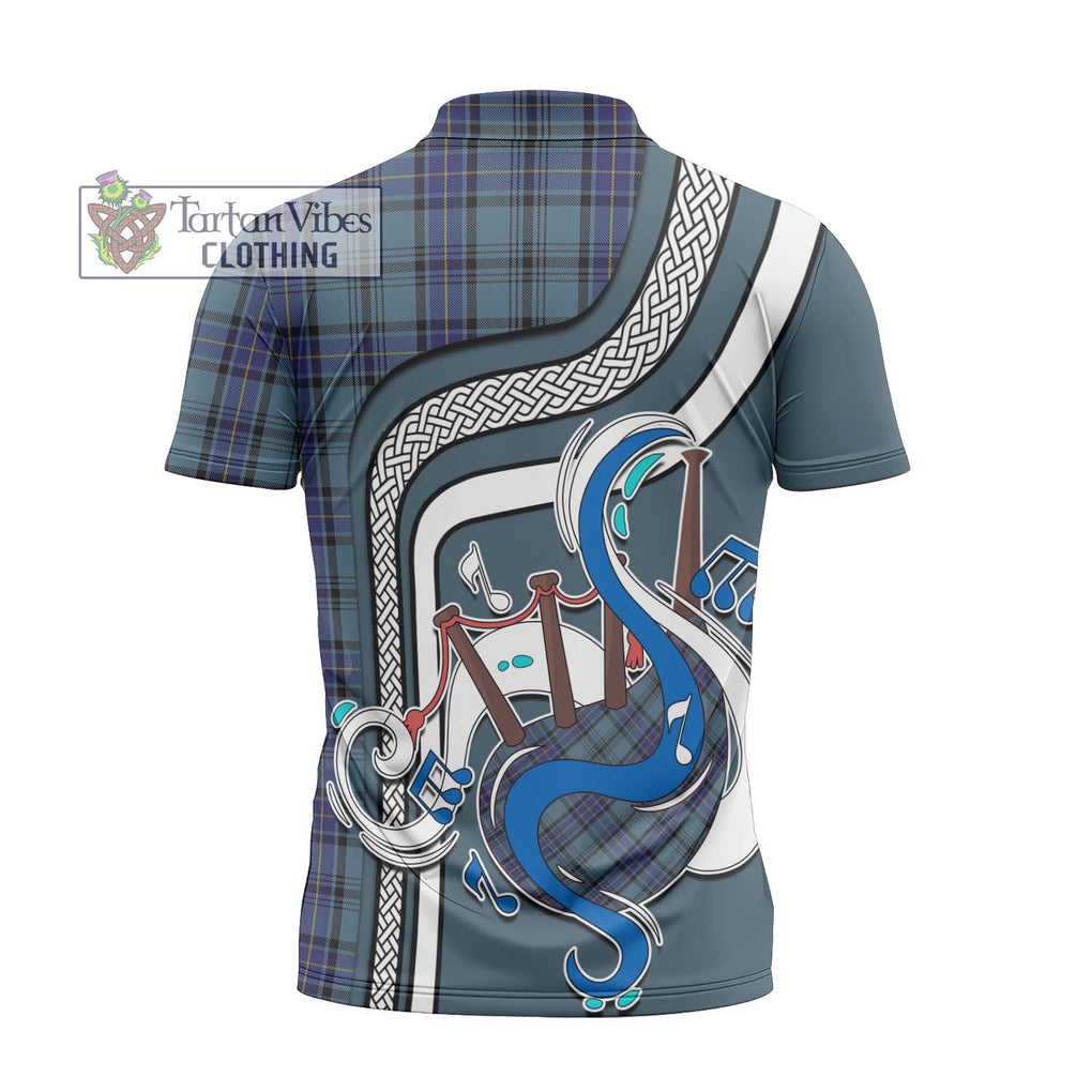 Hannay Blue Tartan Zipper Polo Shirt with Epic Bagpipe Style - Tartanvibesclothing Shop